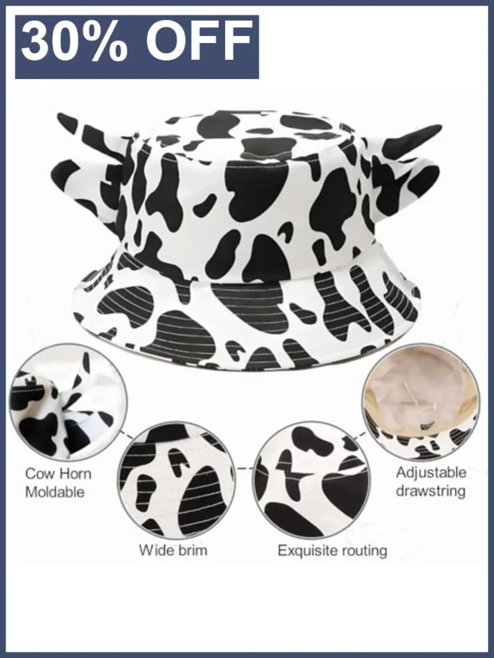 Cow Print Bucket Hat with Cute Horn Ears Unisex Beach Sun Hat